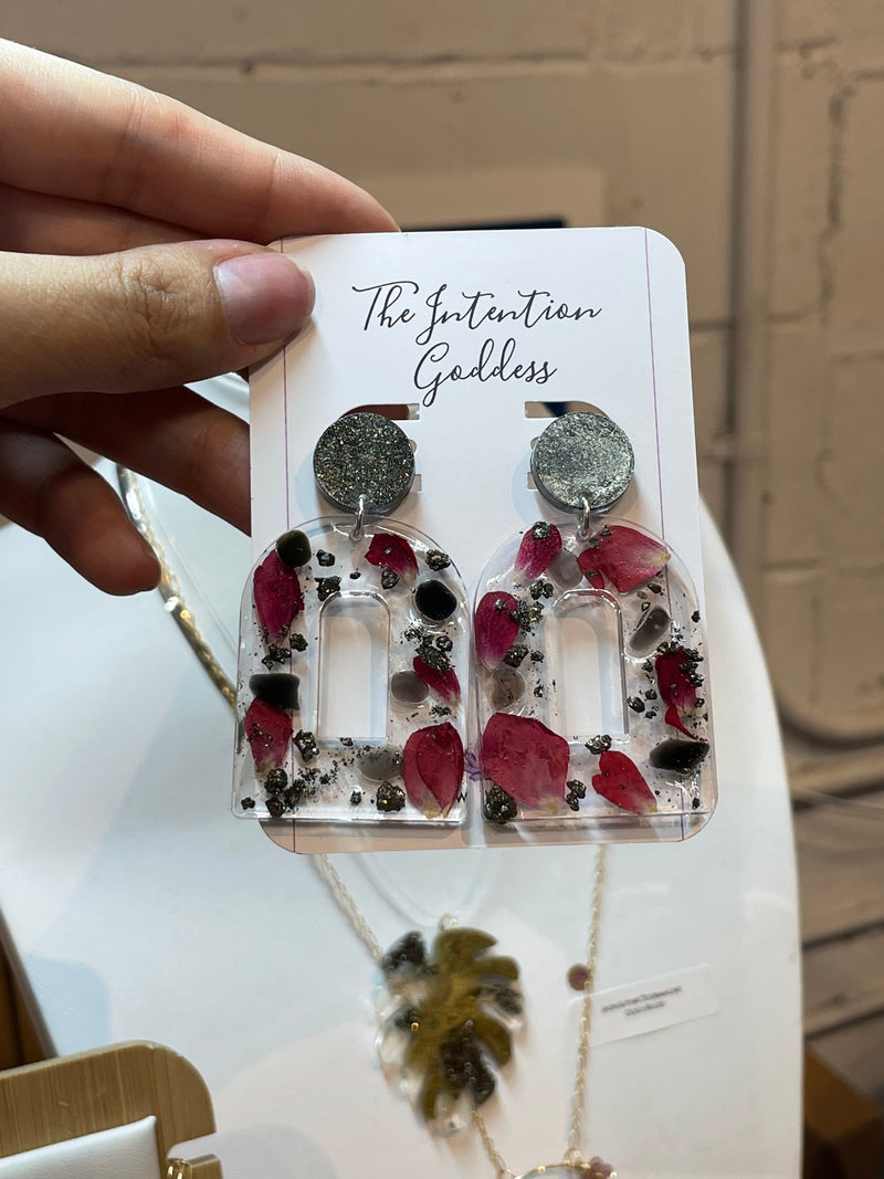 “Goddess of Earth” Pyrite, Black Obsidian and Roses Studs
