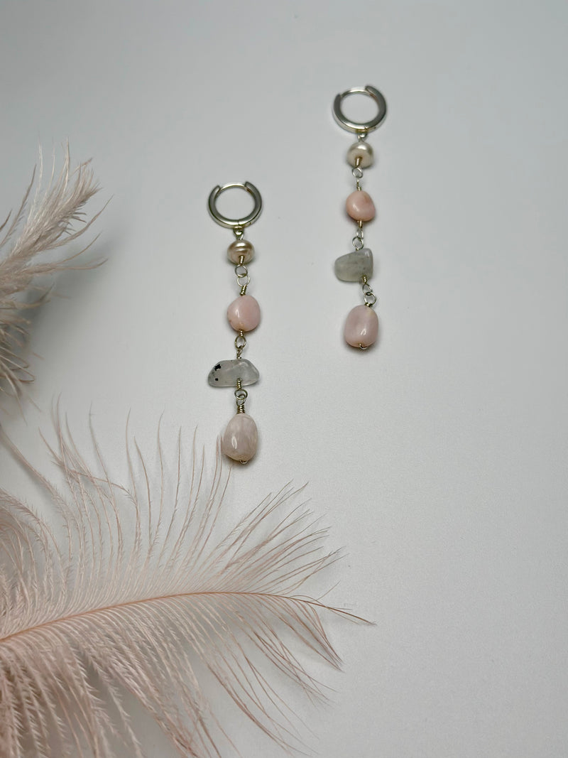 The Silver Drop Moonstone, Pink Opal & Pearl Sterling Silver Huggies
