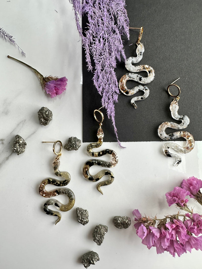 "The Feminine" Pyrite & Black Tourmaline Snake Earrings