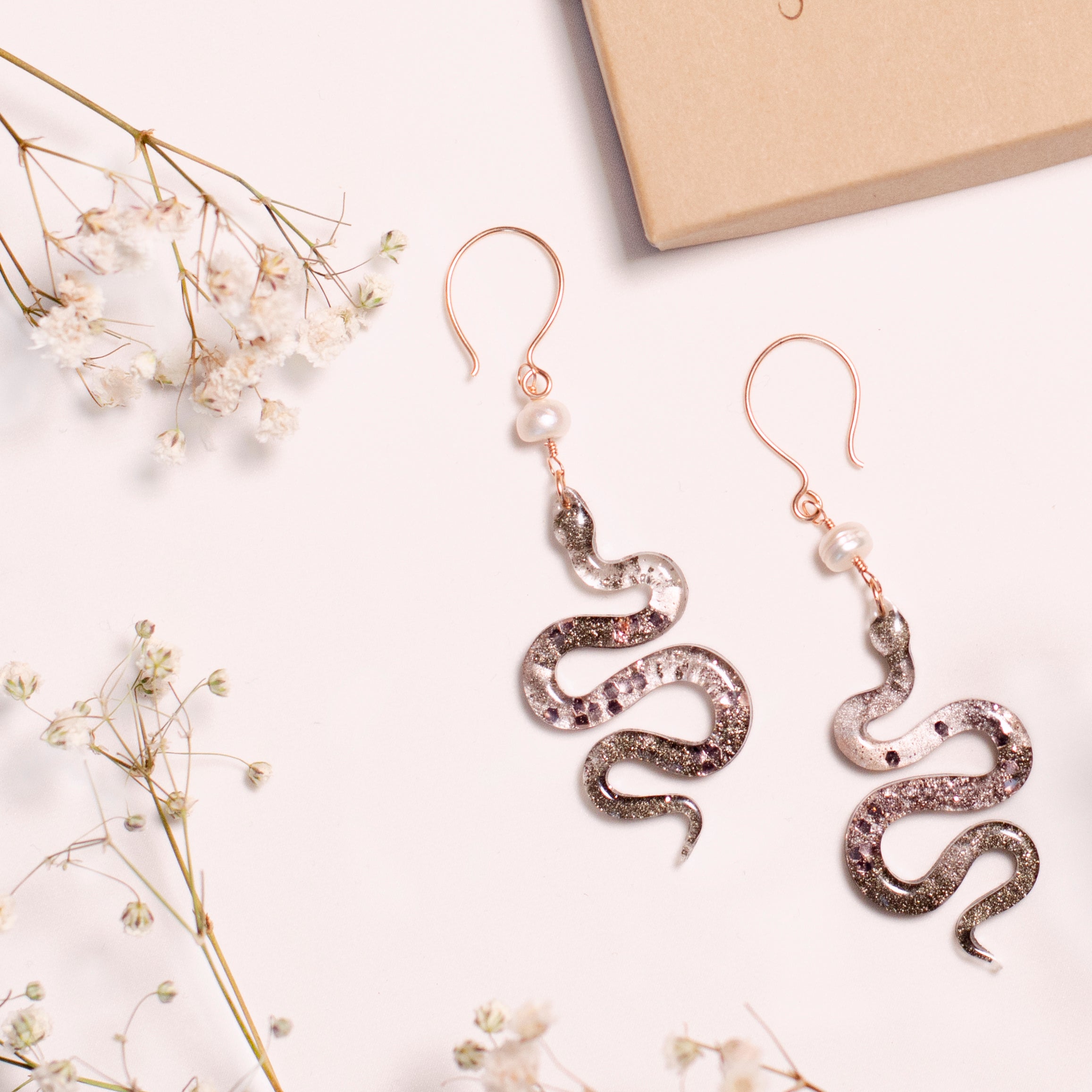 “The Feminine" Pyrite & Pearl 14k Rose Gold Filled Wire Snake Earrings