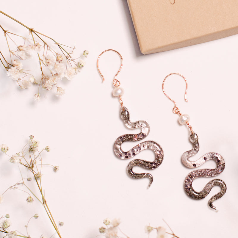 “The Feminine" Pyrite & Pearl 14k Rose Gold Filled Wire Snake Earrings