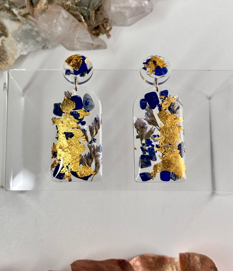 24k Gold Flakes Real Flowers Lapis Lazuli Studs