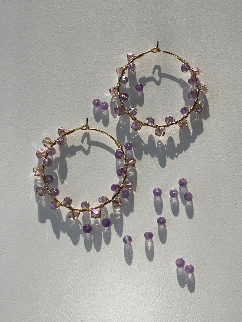 Purple Amethyst with 14k Gold filled wire wrap - Stainless Steel Hoops