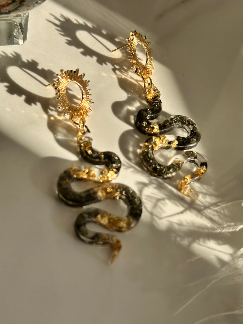 "The Feminine" Pyrite Snake & Sun Earrings