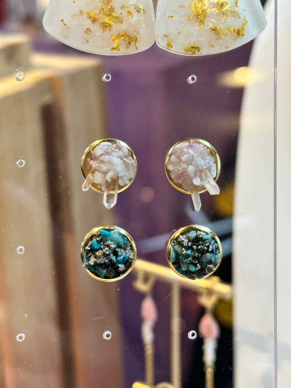 Rawness Pink Tourmaline, Rose Quartz and Quartz Gold Stainless Steel Studs