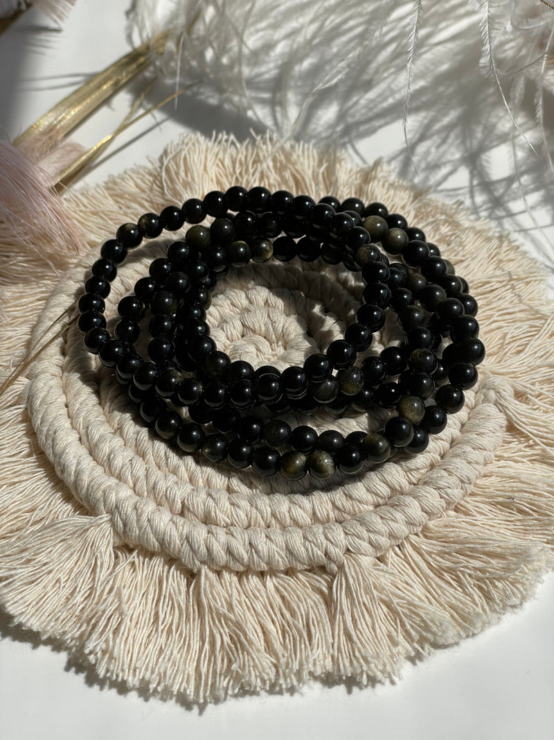 Black obsidian with gold sheen 6mm 7.5” Crystal Healing Elastic Bracelet