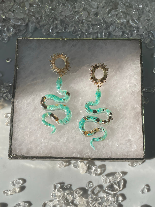 “The Feminine” Chrysocolla Lightweight Snake Sun Earrings