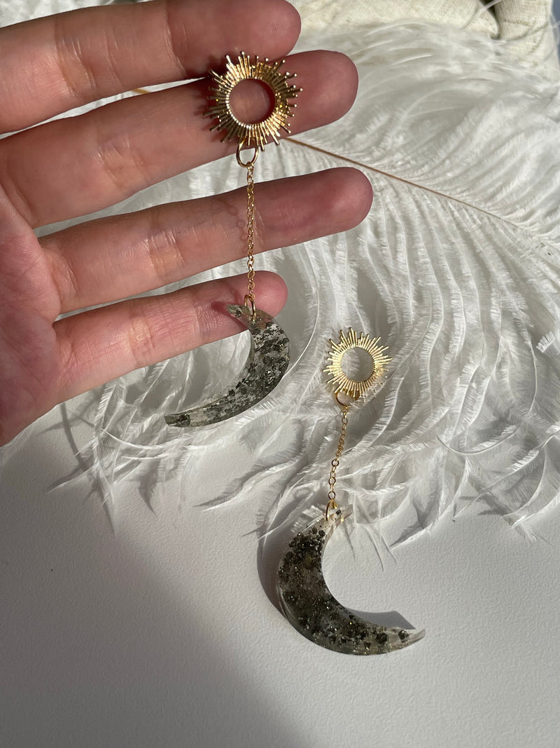 “Balanced Goddess” Pyrite Moon and Sun Studs