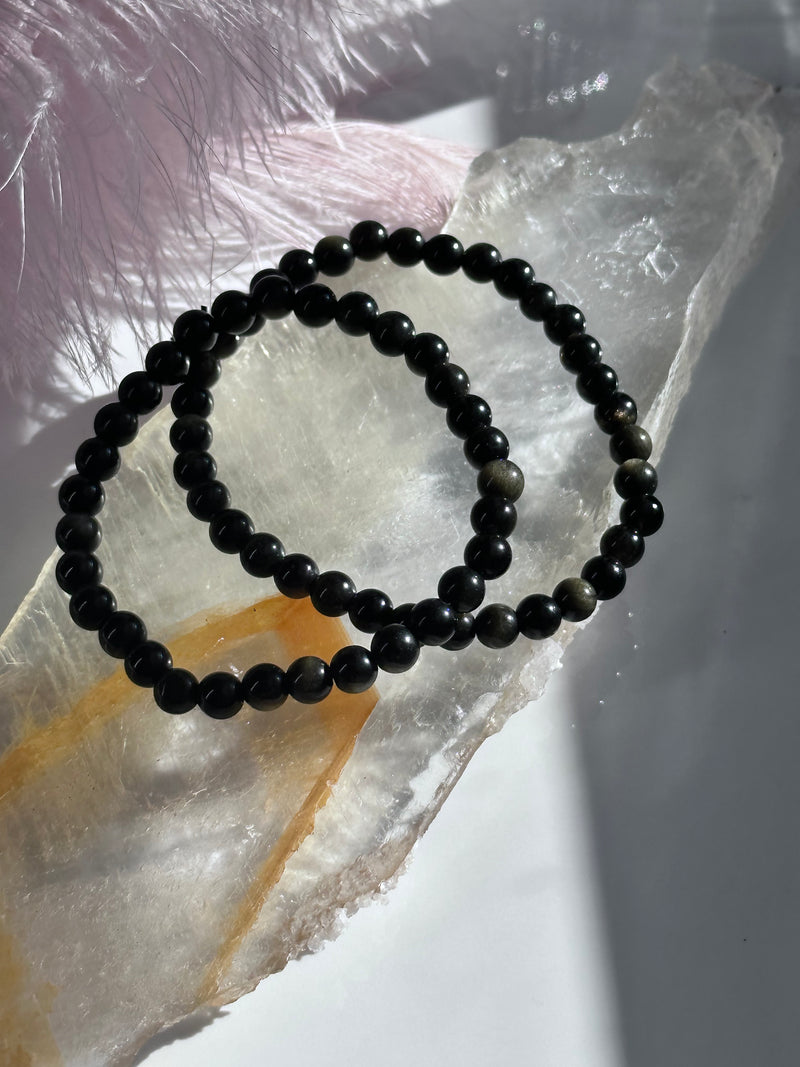 Black obsidian with gold sheen 6mm 7.5” Crystal Healing Elastic Bracelet