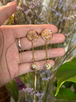 “Solecito” Peach Moonstone Studs with Gold Filled Chain