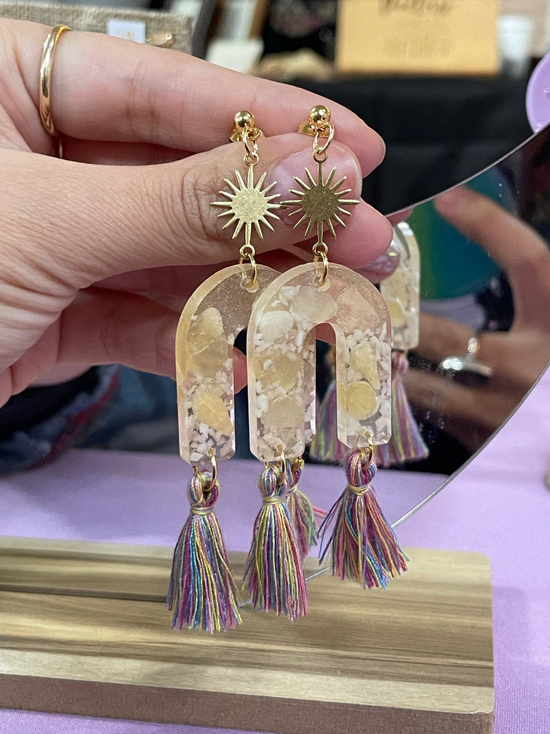 Yellow Calcite, Pink Tourmaline & Quartz Earrings