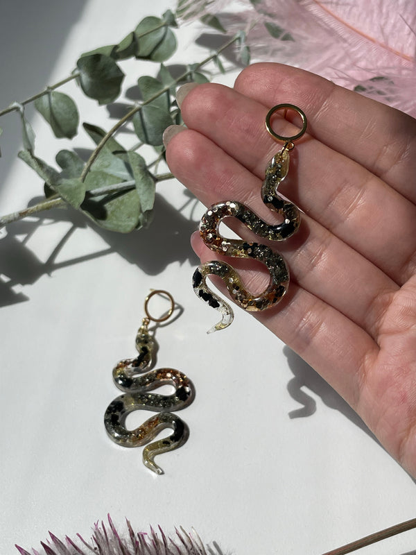 "The Feminine" Pyrite & Black Tourmaline Snake Earrings