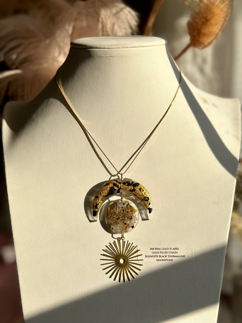 "Balanced Goddess" Real 24k Gold flakes, Shungite, Black Tourmaline and Moonstone Gold Filled Necklace