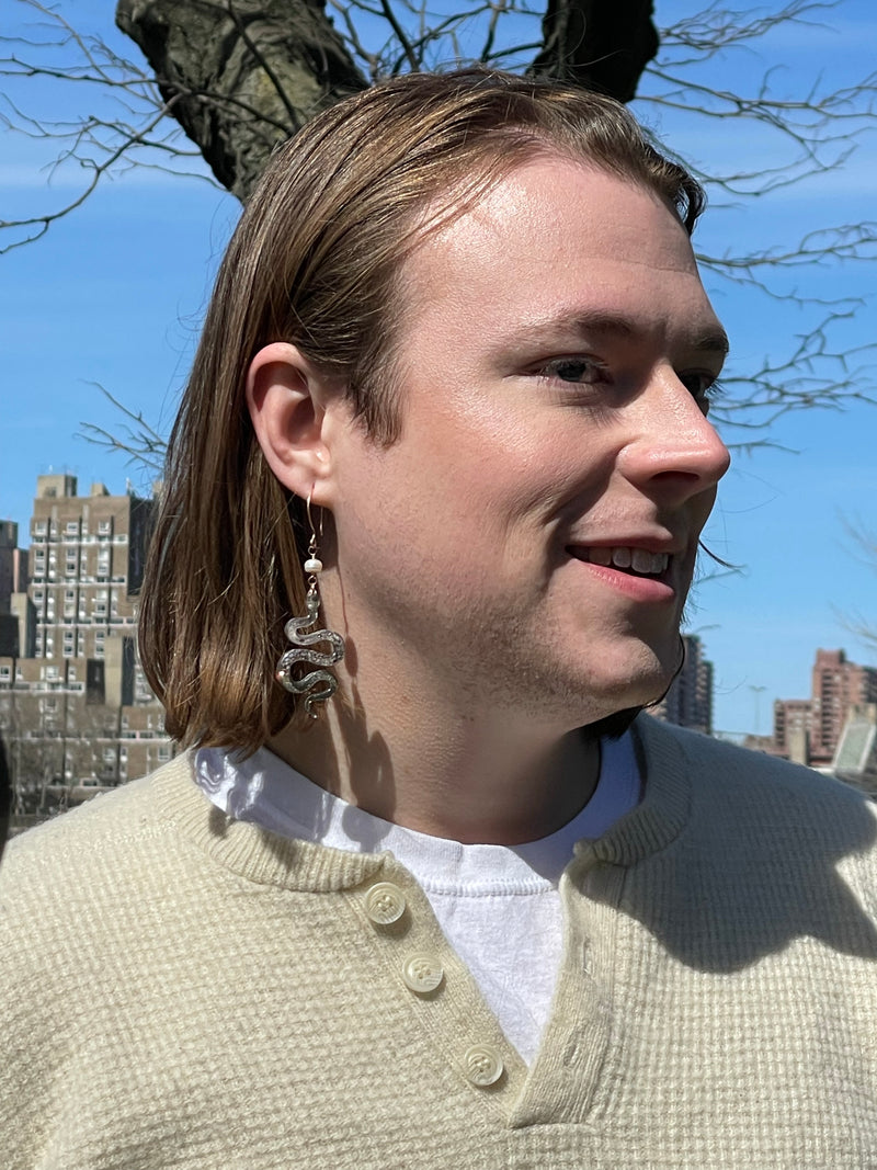 “The Feminine" Pyrite & Pearl 14k Rose Gold Filled Wire Snake Earrings