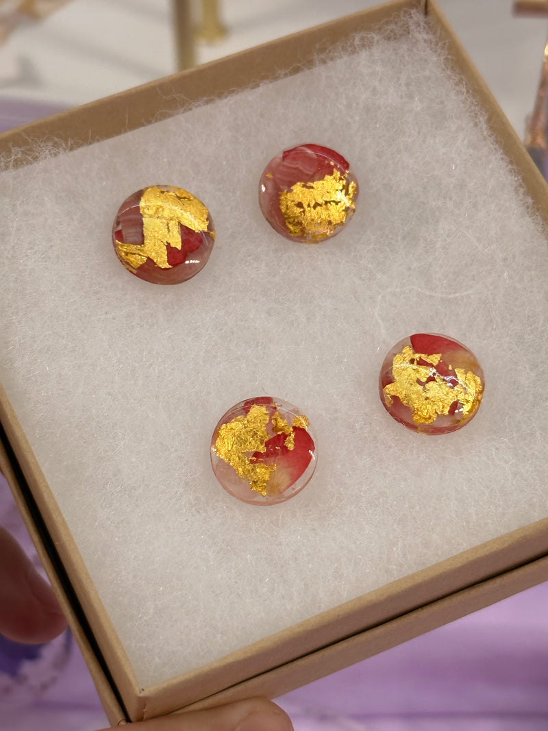 24k Gold Flakes Rhodochrosite, Rose Quartz and Roses Circle Studs