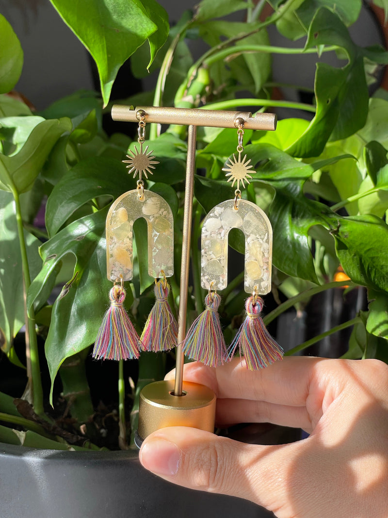 Yellow Calcite, Pink Tourmaline & Quartz Earrings