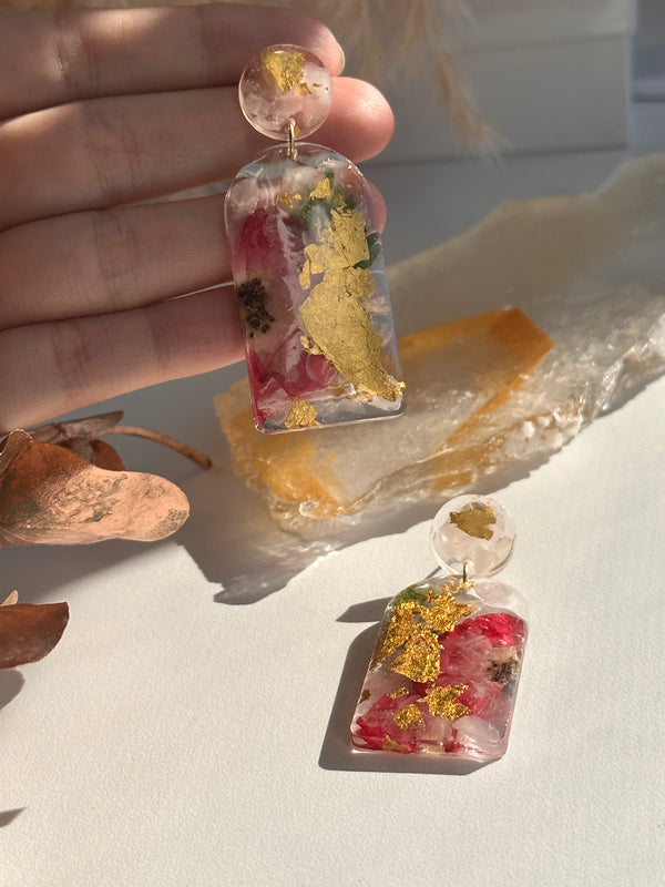24k Gold Flakes Rose Quartz & Roses Studs