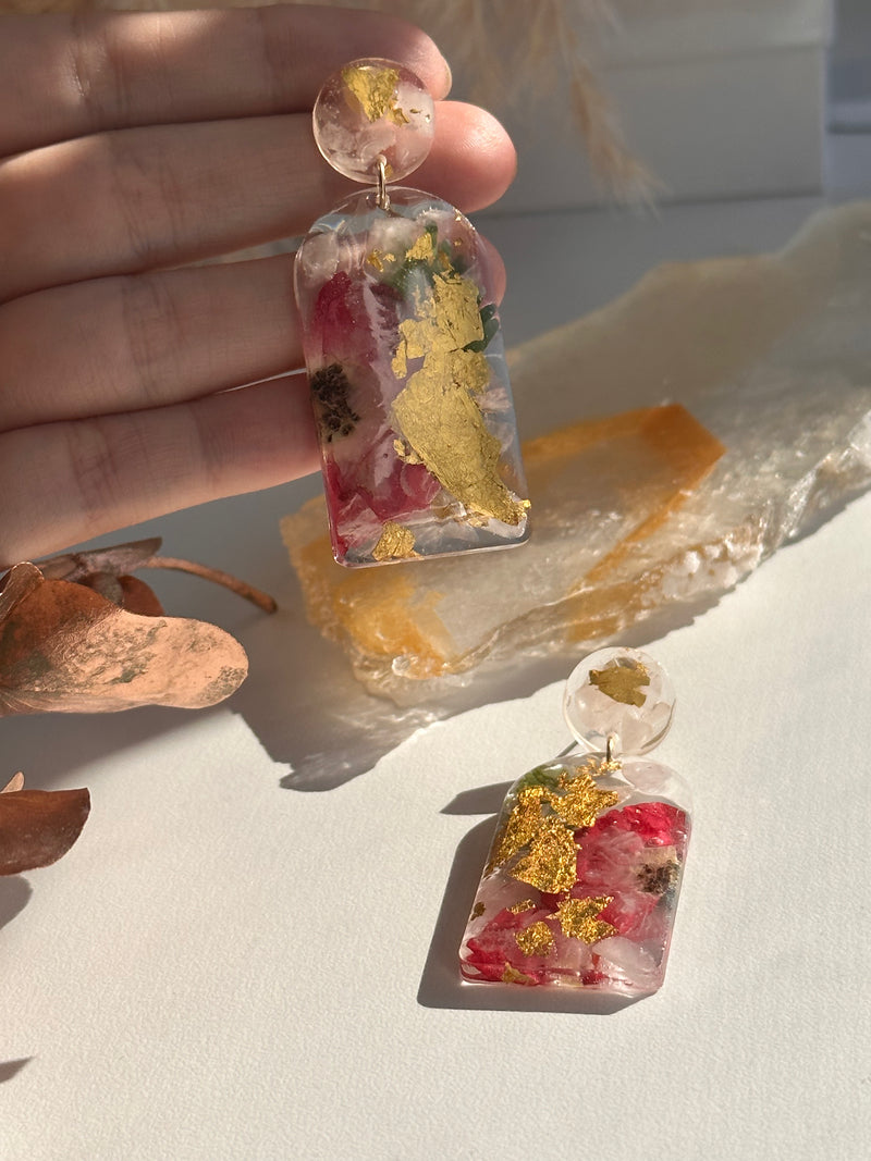 24k Gold Flakes Rose Quartz & Roses Studs