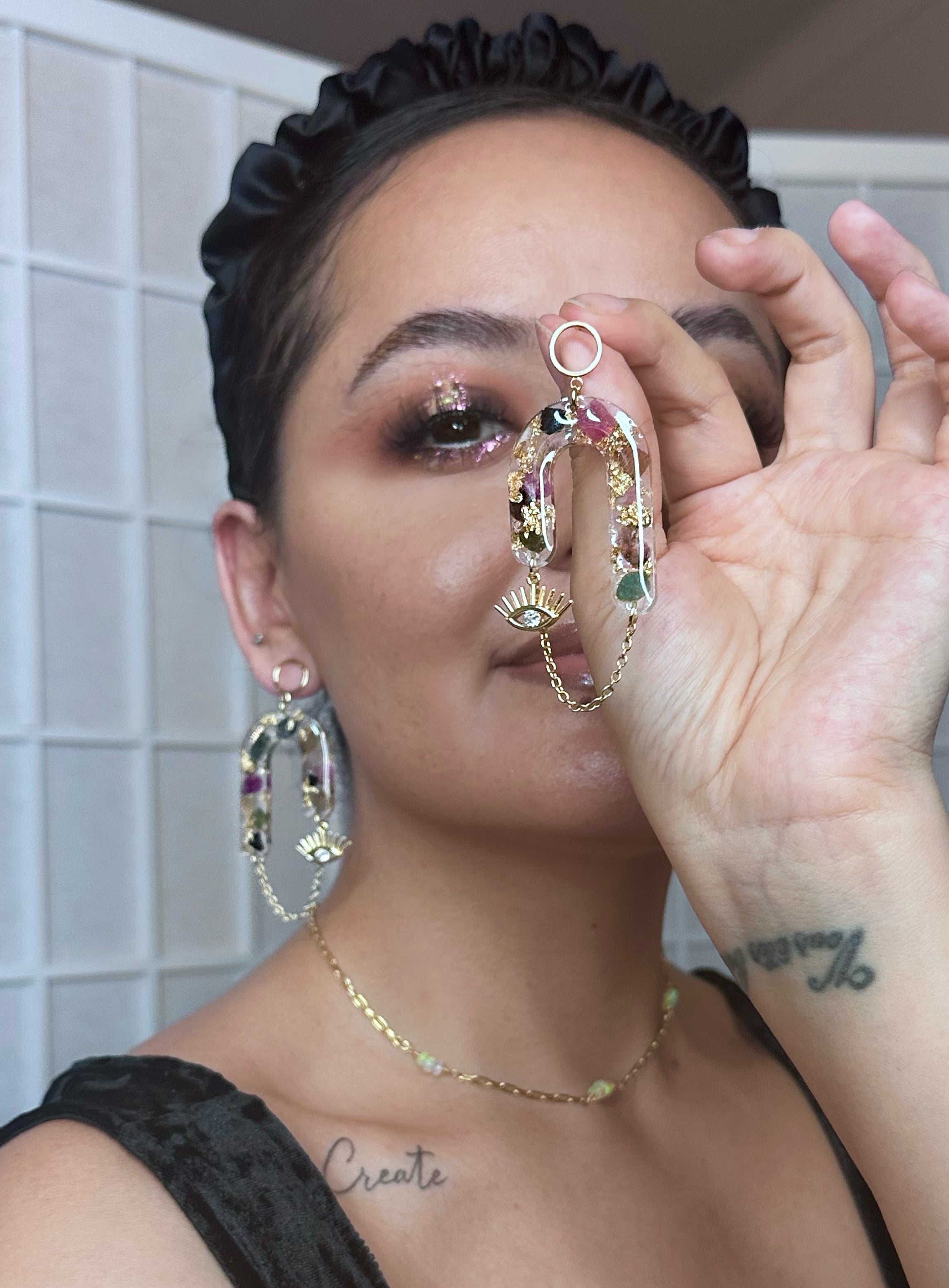 “Goddess of Abundance II” Watermelon Tourmaline Evil Eye Earrings