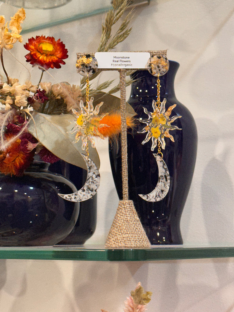 “Celestial Goddess" Moonstone with Dried Flowers Earrings