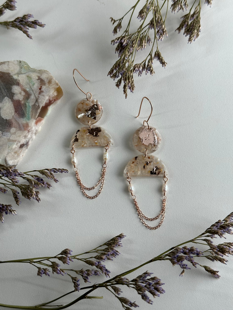 “Peaches and Cream” Peach Moonstone & Pearls Wire Earrings