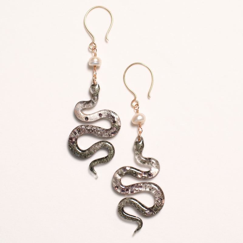 “The Feminine" Pyrite & Pearl 14k Rose Gold Filled Wire Snake Earrings
