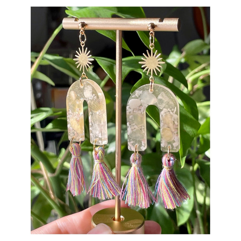 Yellow Calcite, Pink Tourmaline & Quartz Earrings