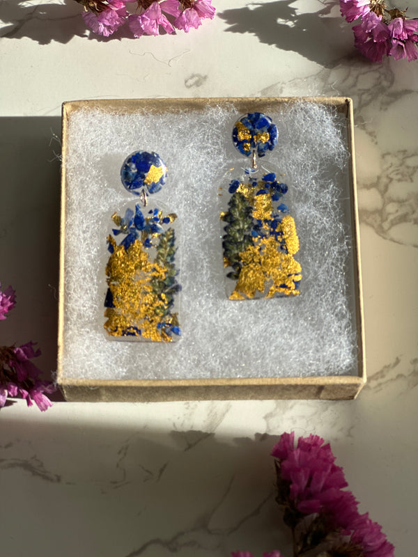 24k Gold Flakes Real Flowers Lapis Lazuli Studs