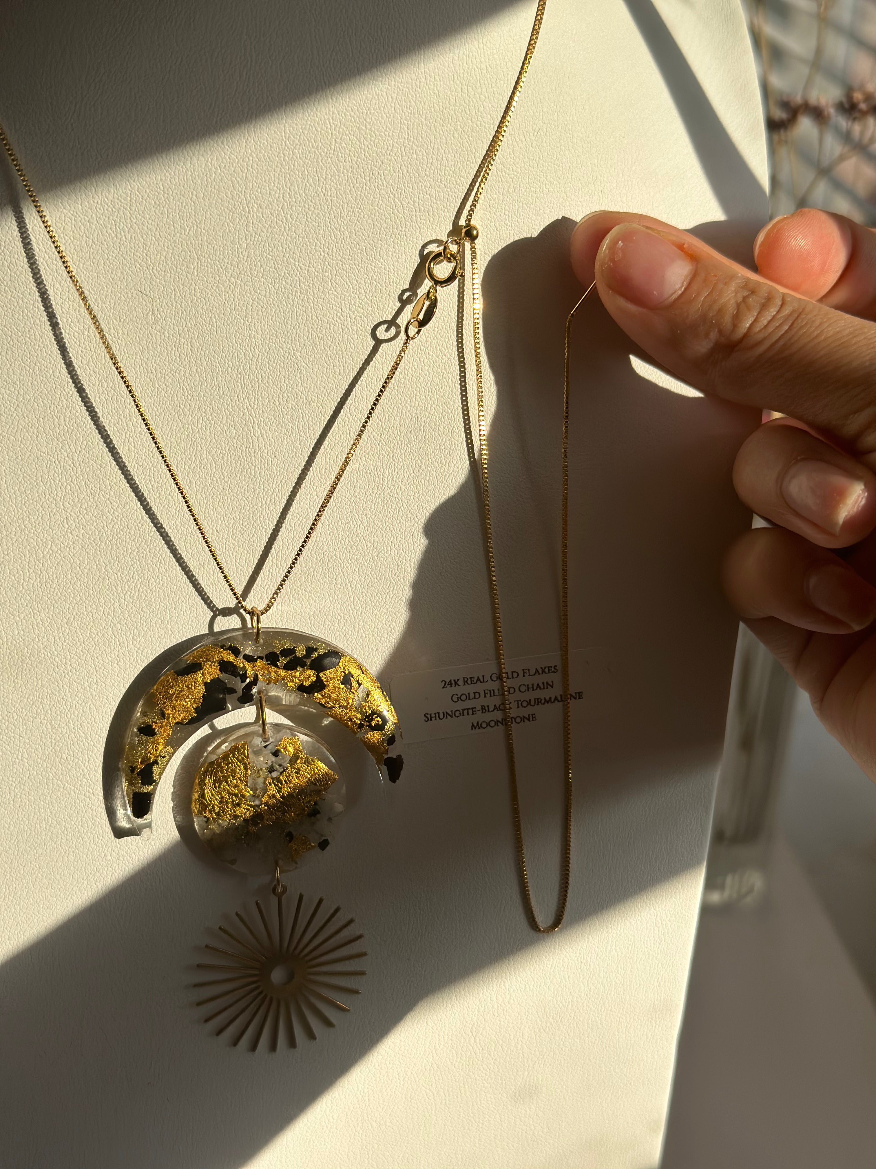 "Balanced Goddess" Real 24k Gold flakes, Shungite, Black Tourmaline and Moonstone & Moonstone and Selenite Gold Filled Necklaces