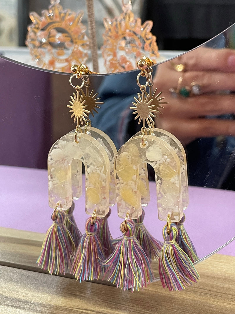Yellow Calcite, Pink Tourmaline & Quartz Earrings