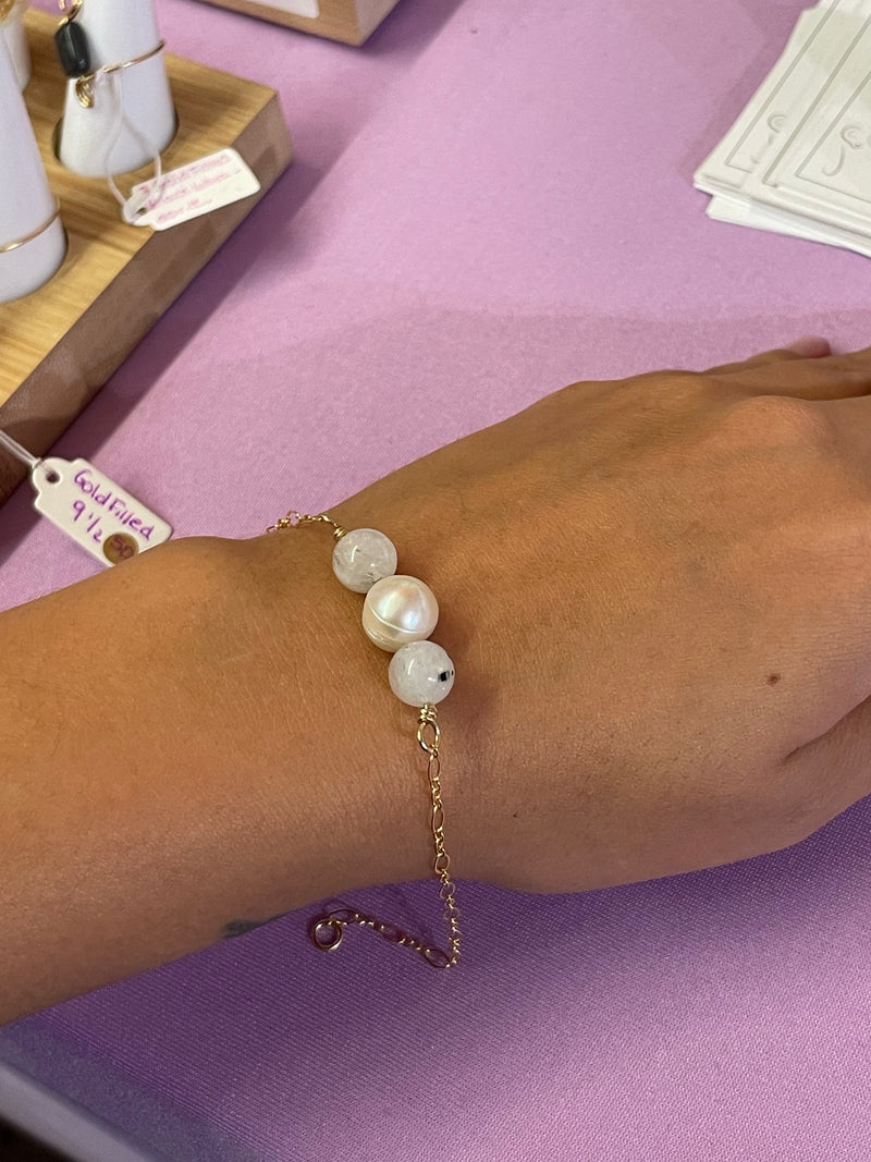 Moonstone and Pearl Gold Filled Adjustable Bracelet