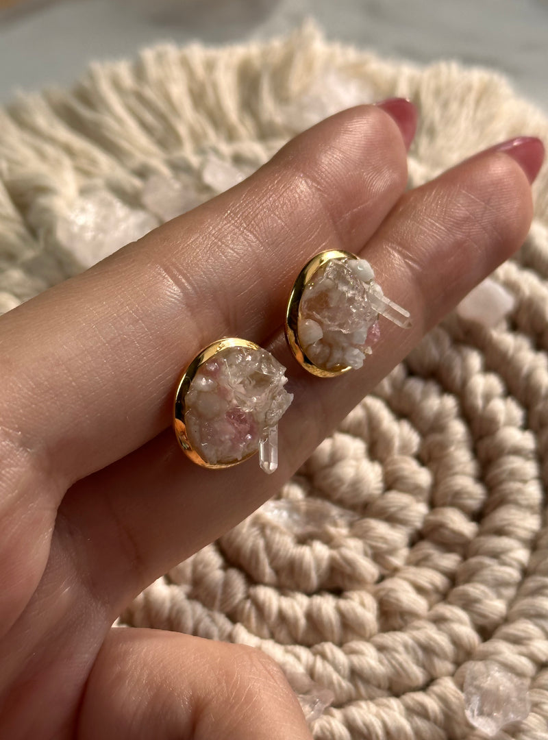 Rawness Pink Tourmaline, Rose Quartz and Quartz Gold Stainless Steel Studs