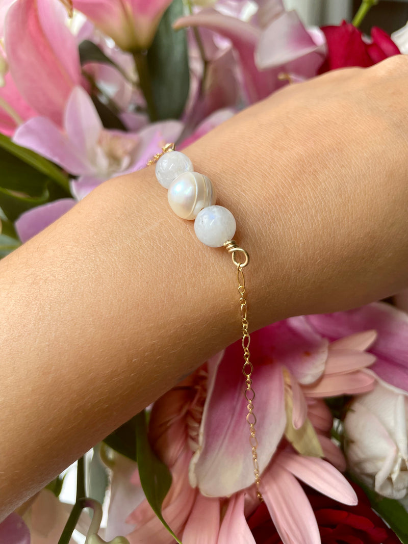 Moonstone and Pearl Gold Filled Adjustable Bracelet