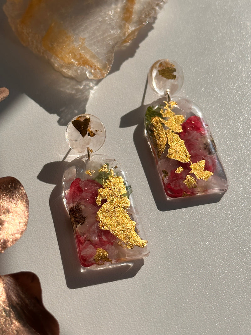 24k Gold Flakes Rose Quartz & Roses Studs