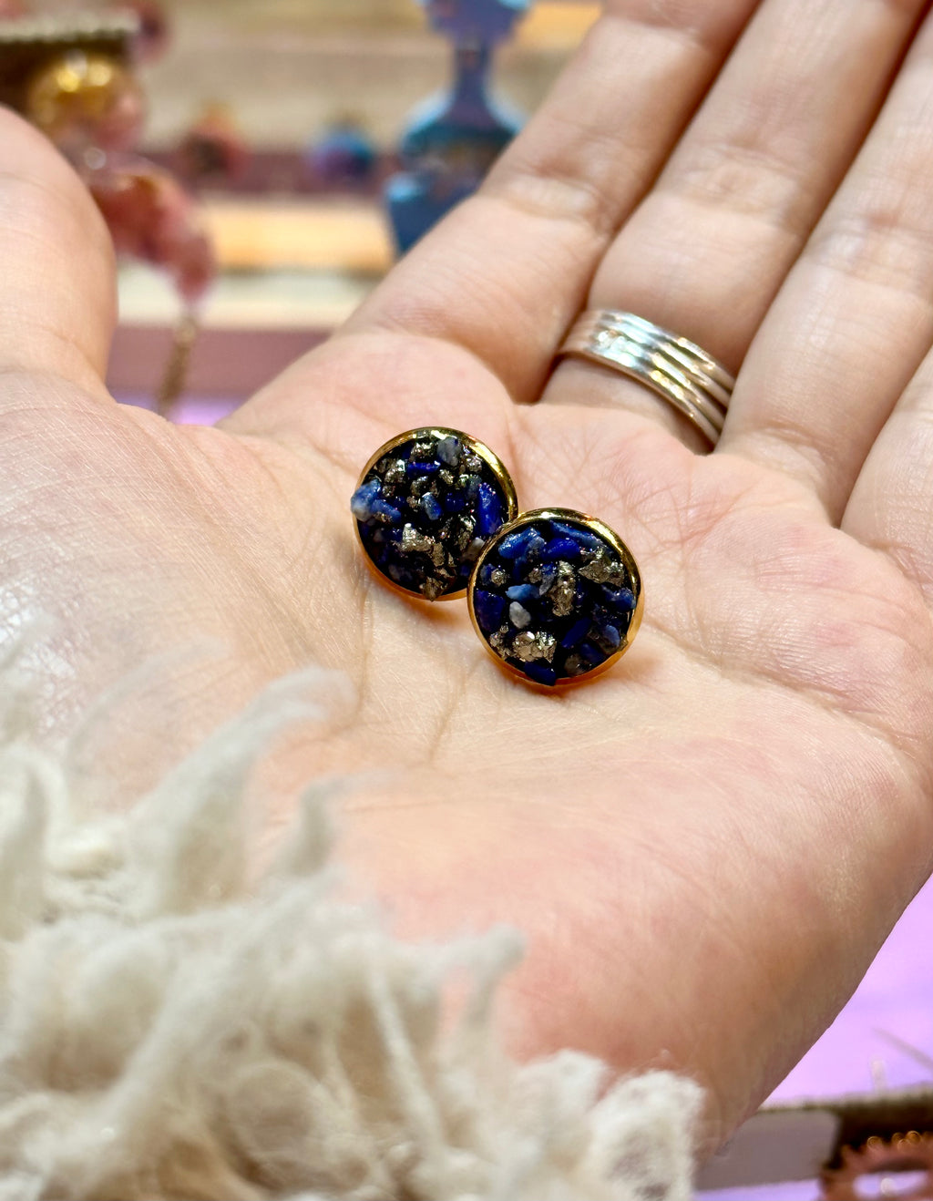 “Rawness” Lapis Lazuli & Pyrite Gold Stainless Steel Studs