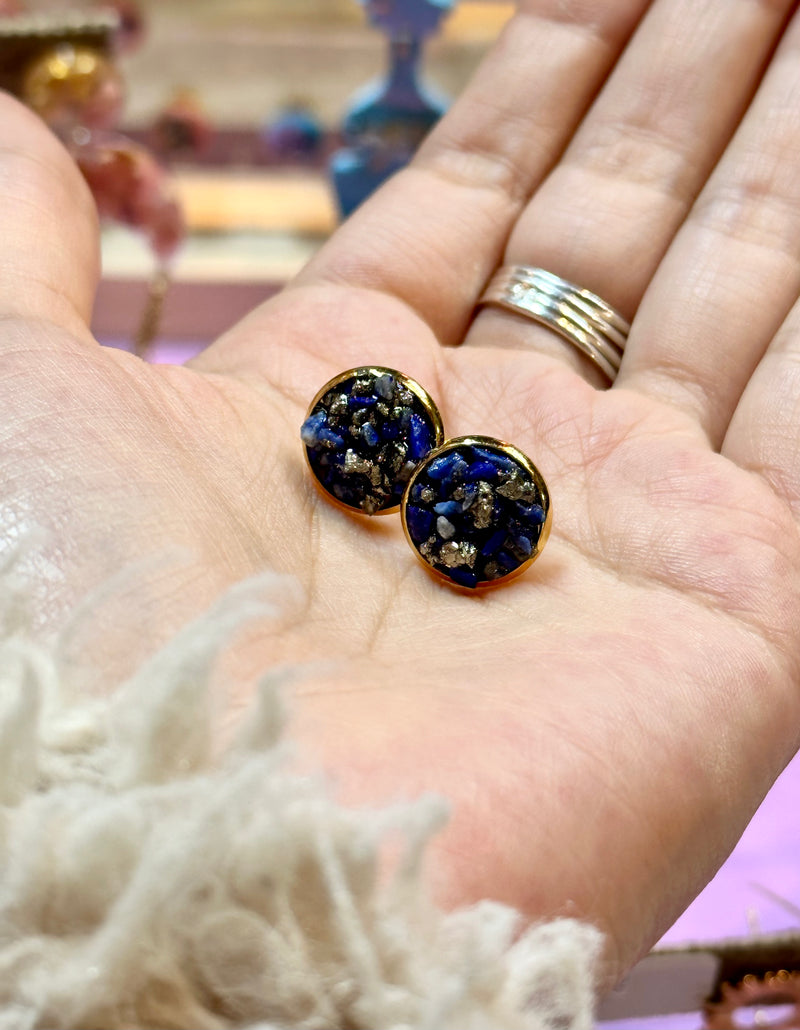 “Rawness” Lapis Lazuli & Pyrite Gold Stainless Steel Studs