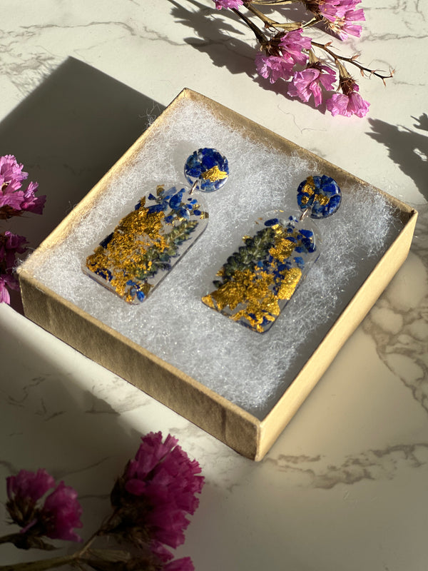 24k Gold Flakes Real Flowers Lapis Lazuli Studs