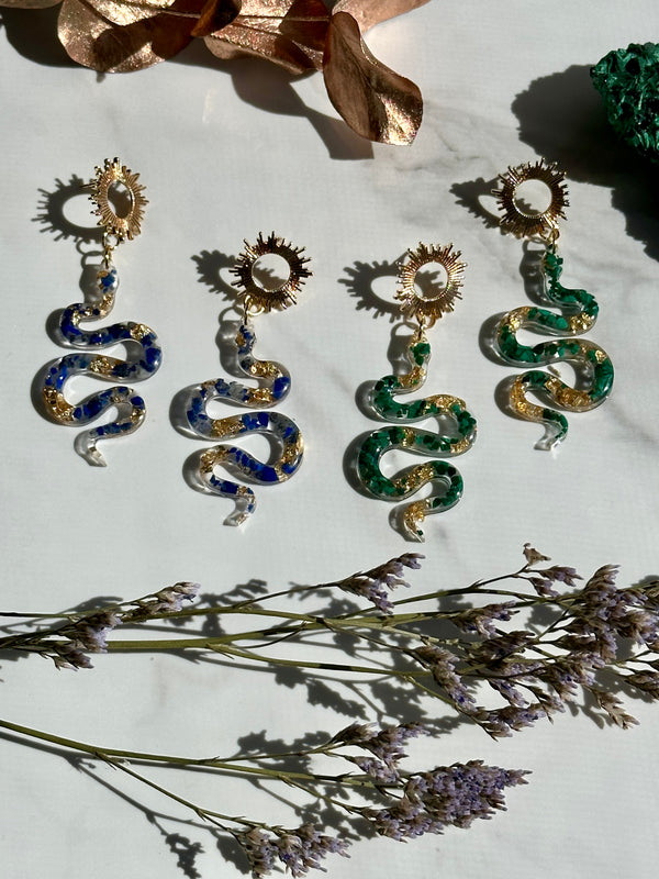 “The Feminine” Sun and Snake Malachite Earrings