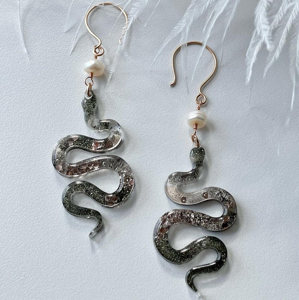 “The Feminine" Pyrite & Pearl 14k Rose Gold Filled Wire Snake Earrings
