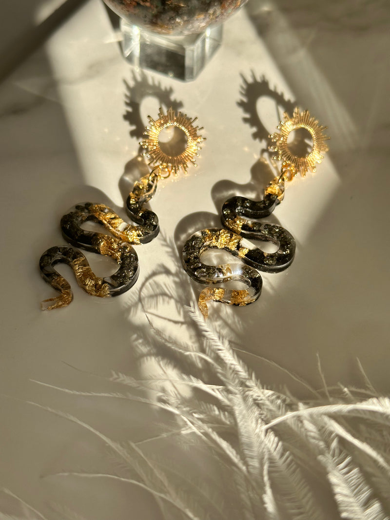 "The Feminine" Pyrite Snake & Sun Earrings