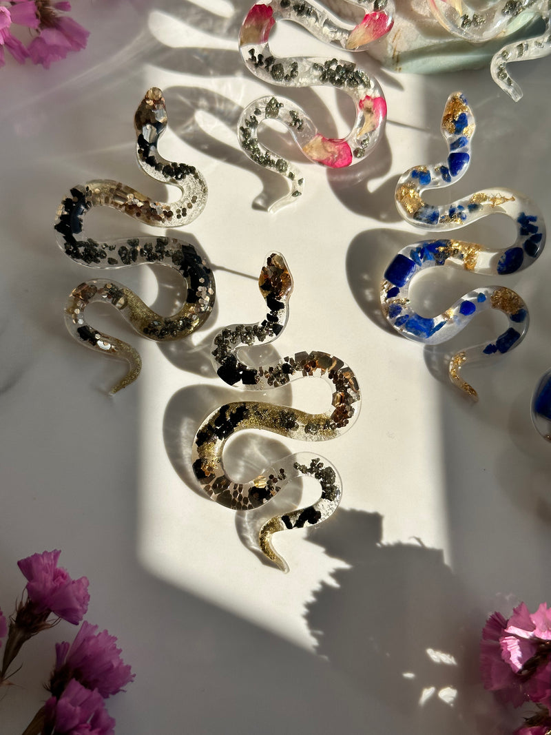 “The Feminine” Pyrite & Black Tourmaline Big Snake Stud