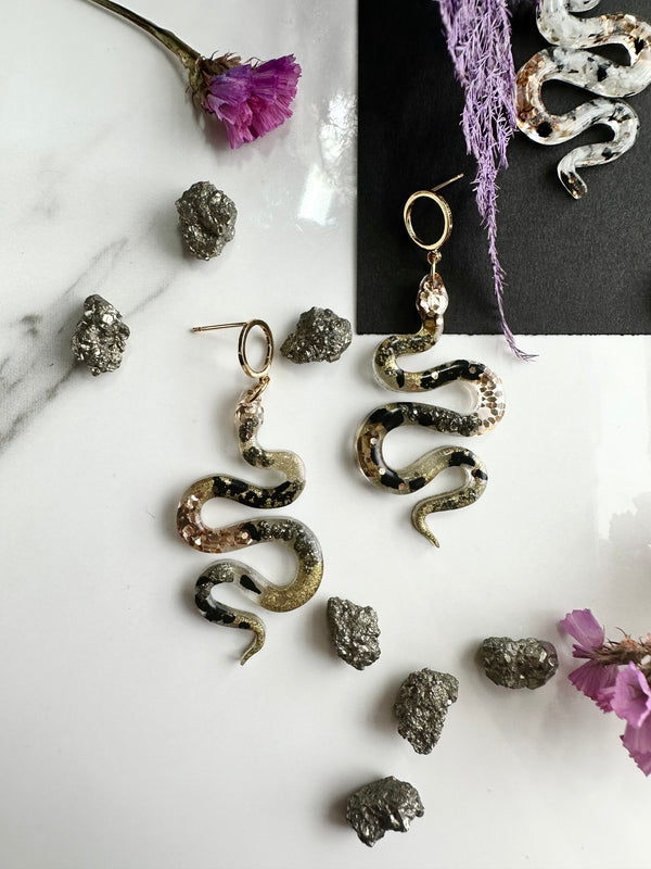 The Intention Goddess - "The Feminine" Pyrite & Black Tourmaline Snake Earrings