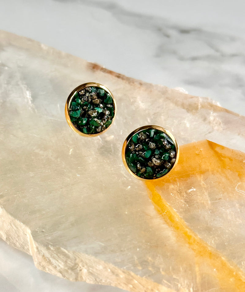 “Rawness” Malachite & Pyrite Gold Stainless Steel Studs