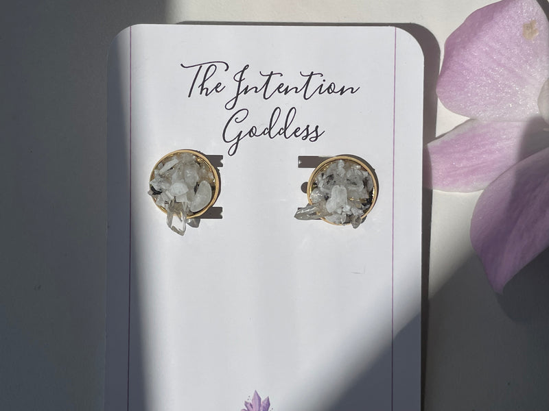 “Rawness" Moonstone & Clear Quartz Gold Stainless Steel Studs