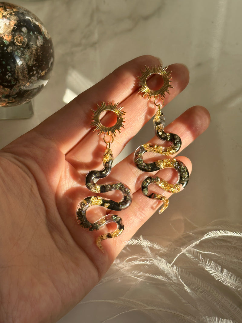 "The Feminine" Pyrite Snake & Sun Earrings
