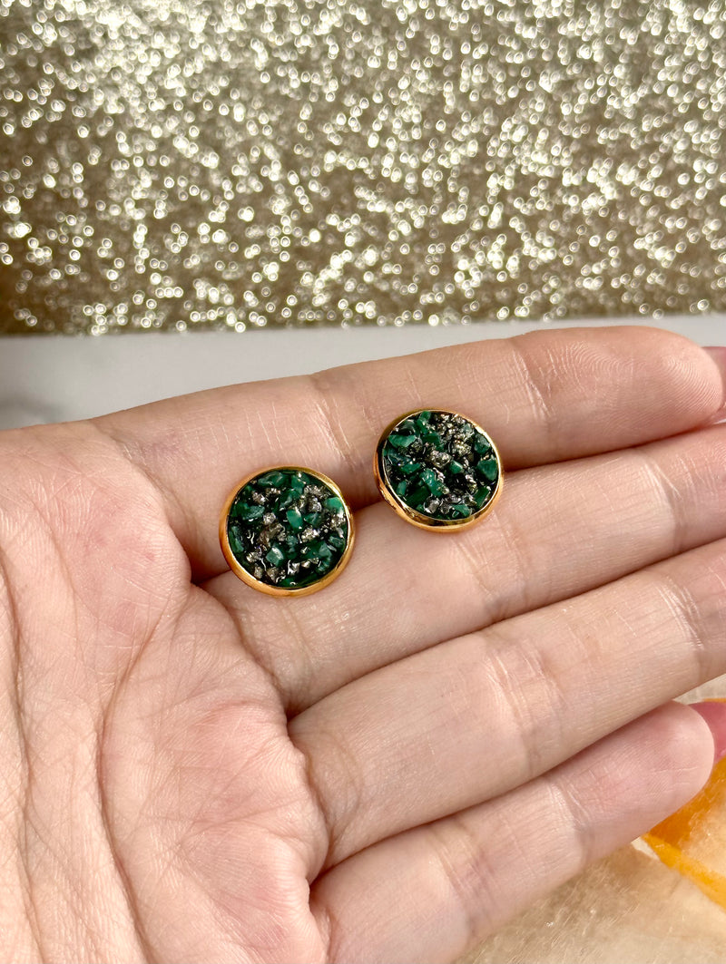 “Rawness” Malachite & Pyrite Gold Stainless Steel Studs