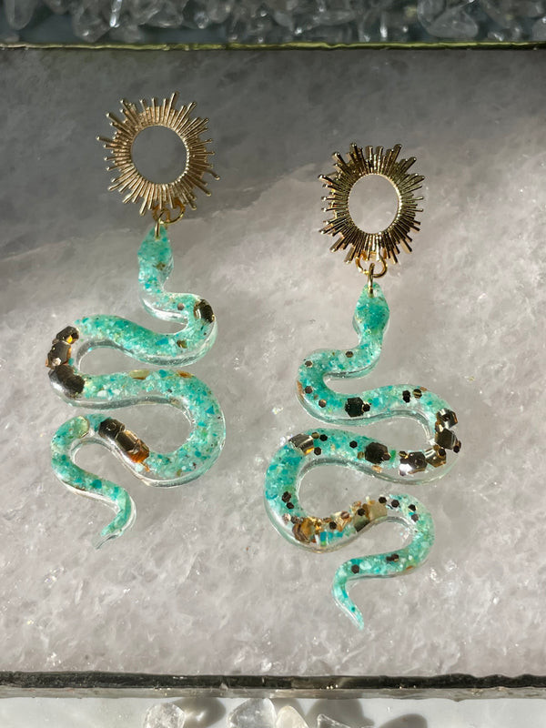 “The Feminine” Chrysocolla Lightweight Snake Sun Earrings