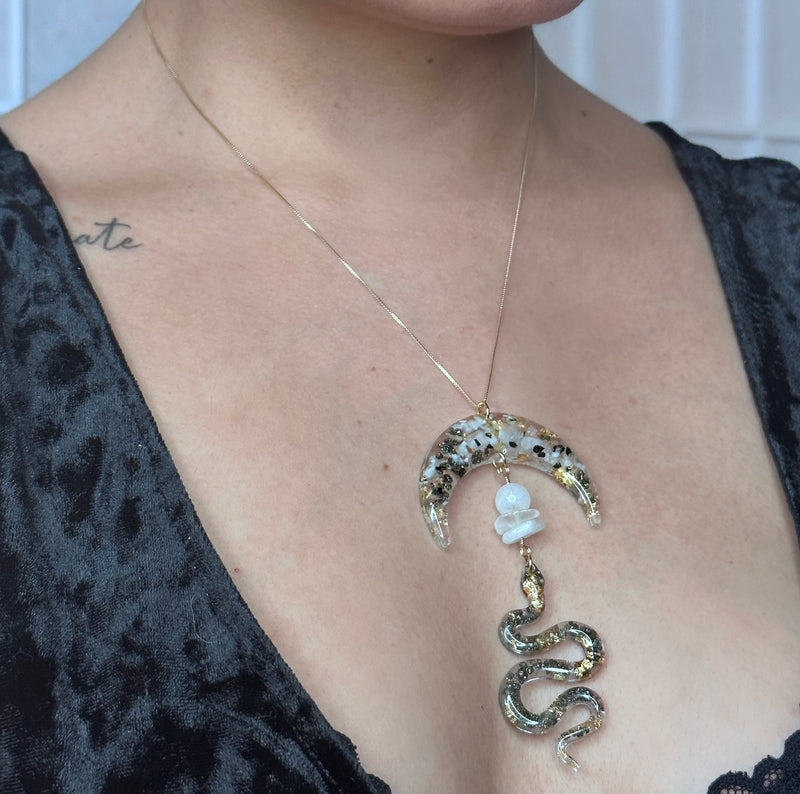 “Witch" Moonstone and Pyrite Moon and Snake Necklace