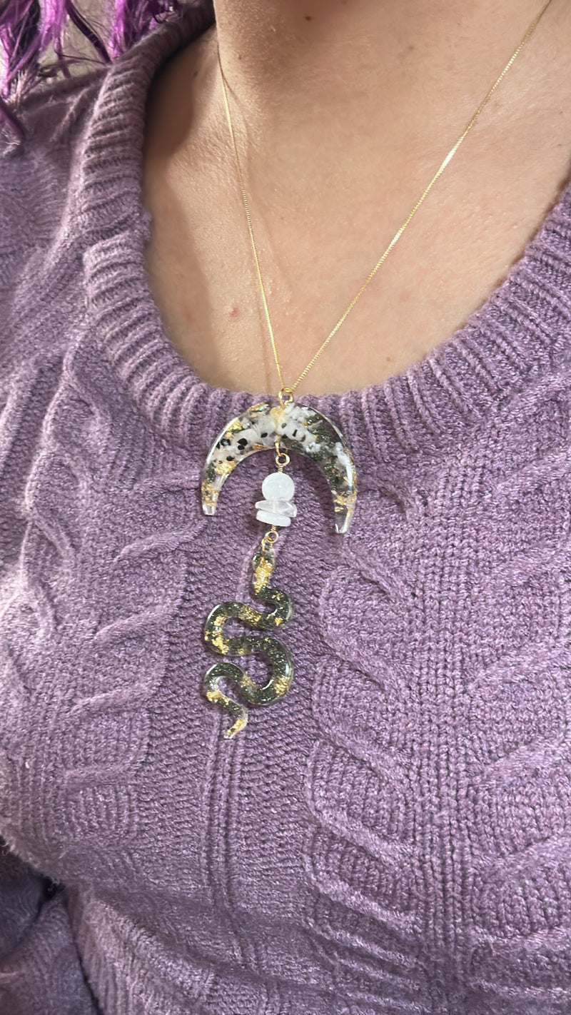 “Witch" Moonstone and Pyrite Moon and Snake Necklace