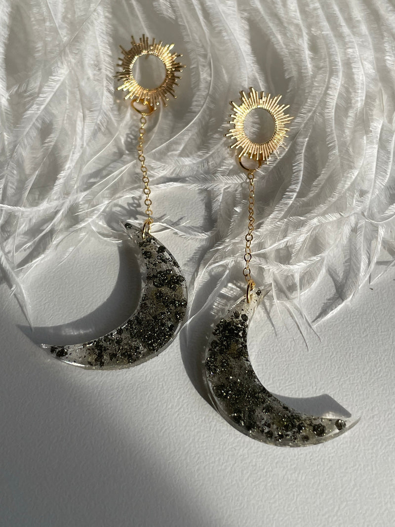 “Balanced Goddess” Pyrite Moon and Sun Studs